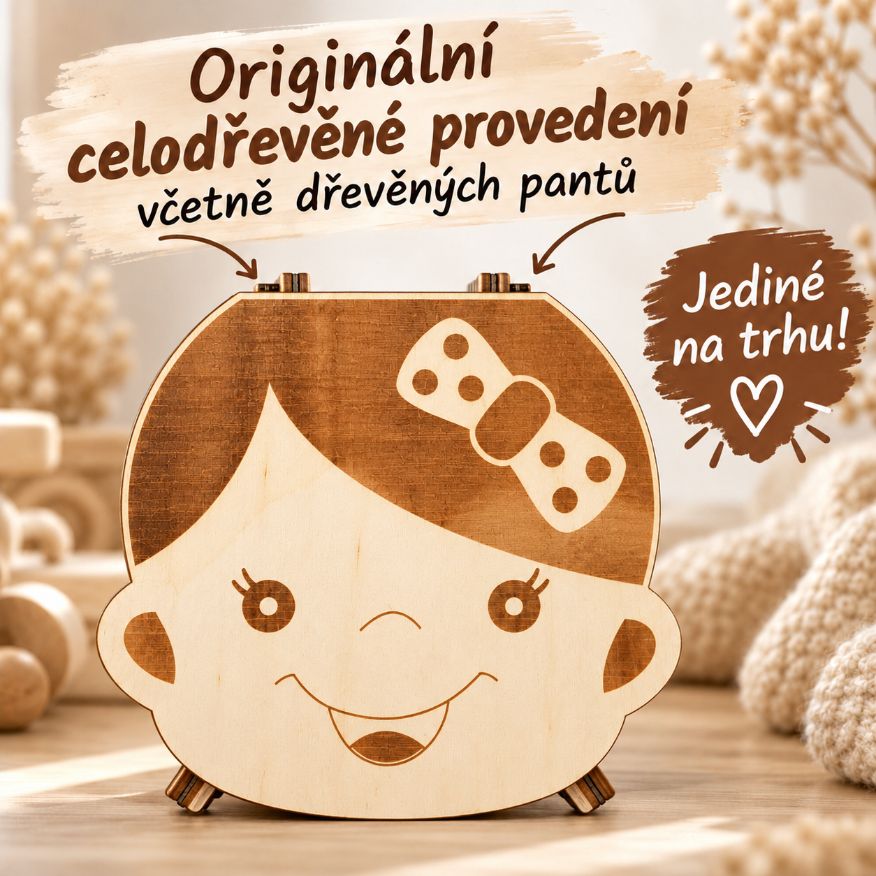 Dřevěná krabička na mléčné zoubky – Holčička s mašlí
