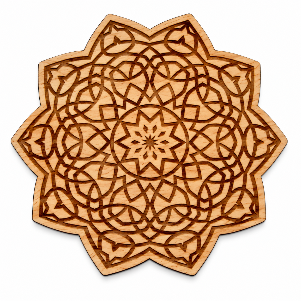 Dřevěná mandala / podtácek s geometrickou hvězdou Ø 95 mm