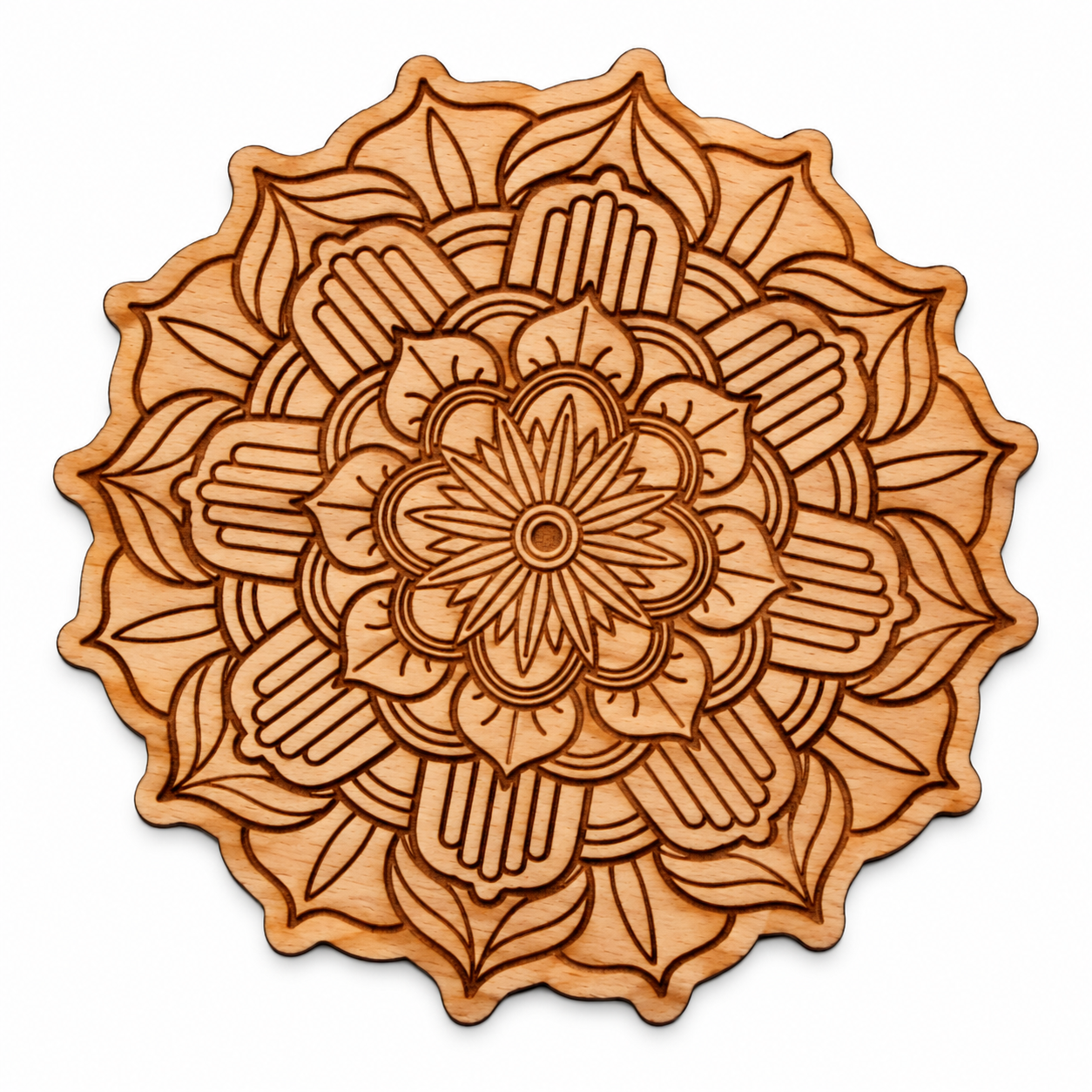 Dřevěná mandala / podtácek s vrstveným květinovým ornamentem průměr 95 mm