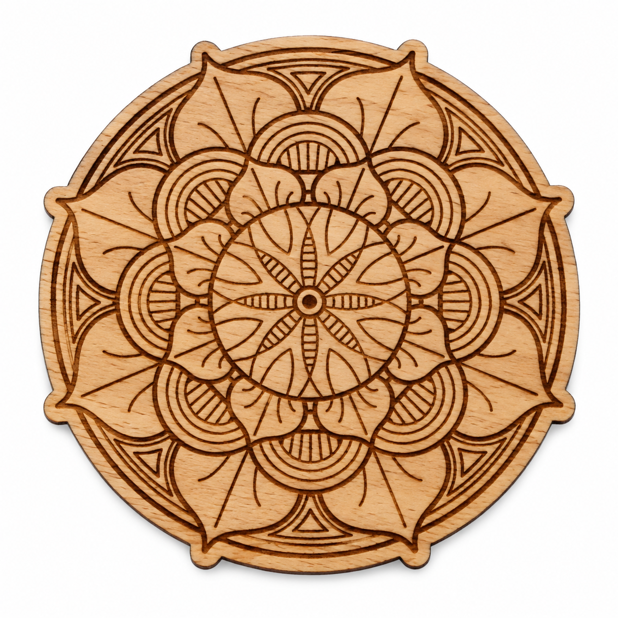 Dřevěná mandala / podtácek s listovým ornamentem Ø 95 mm